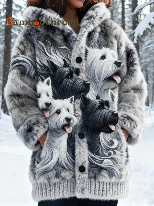 Women’s Animal Dog Print Flannel Warm Jacket As picture / S