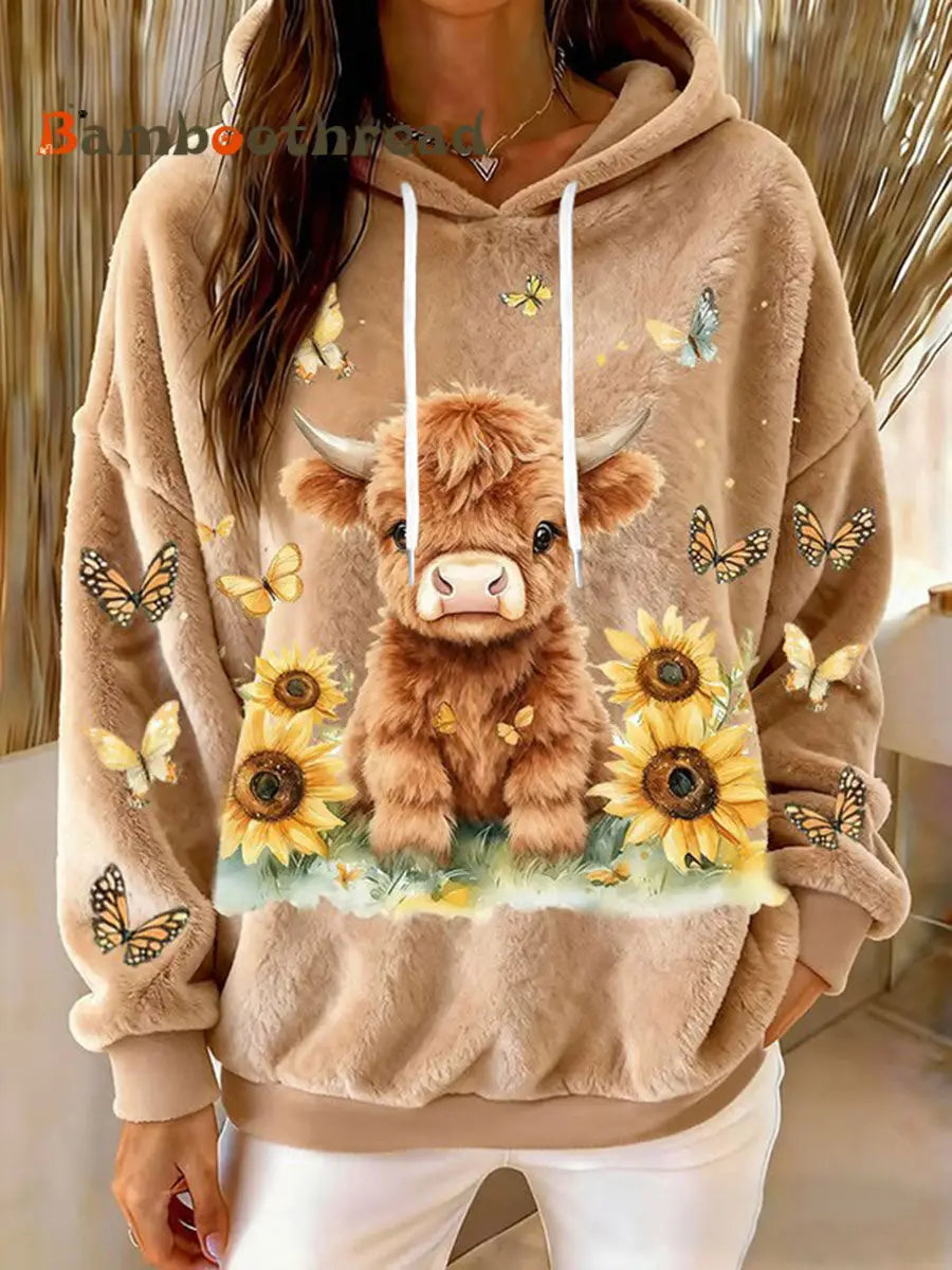 Women’s Animal Highland Cow Art Print Flannel Hoodie