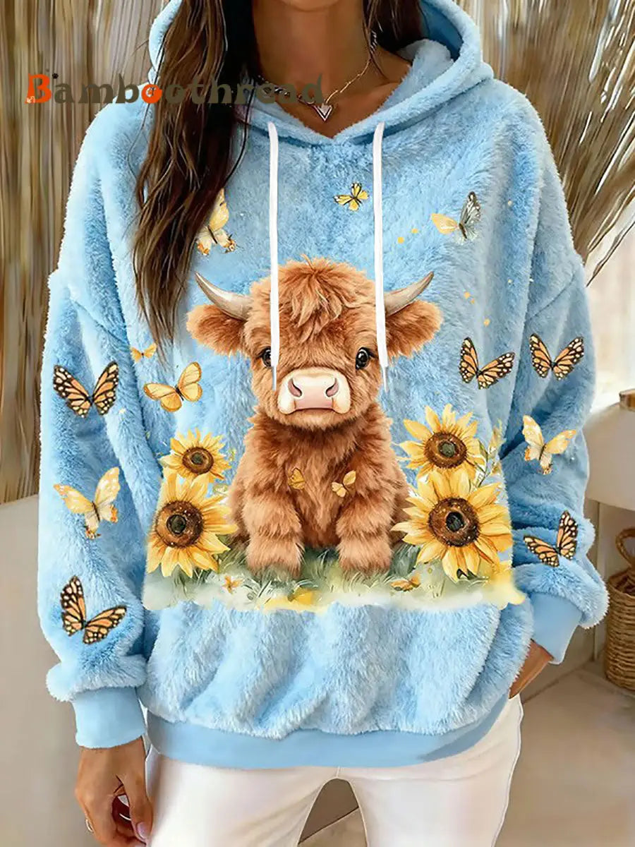 Women’s Animal Highland Cow Art Print Flannel Hoodie Light Blue / S
