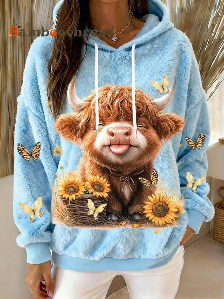 Women’s Animal Highland Cow Art Print Flannel Hoodie Light Blue / S