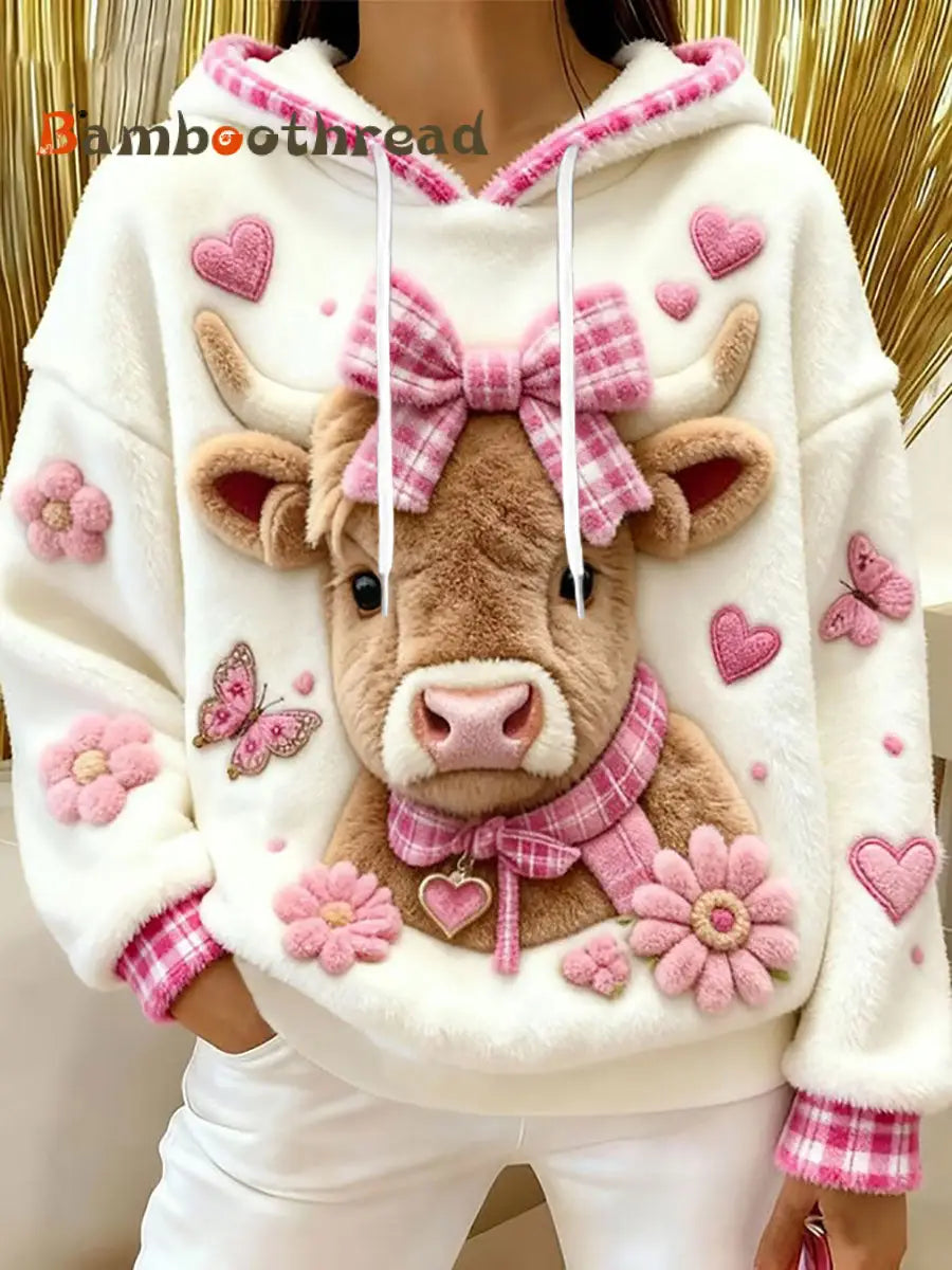 Women’s Animal Highland Cow Art Print Flannel Hoodie White / S