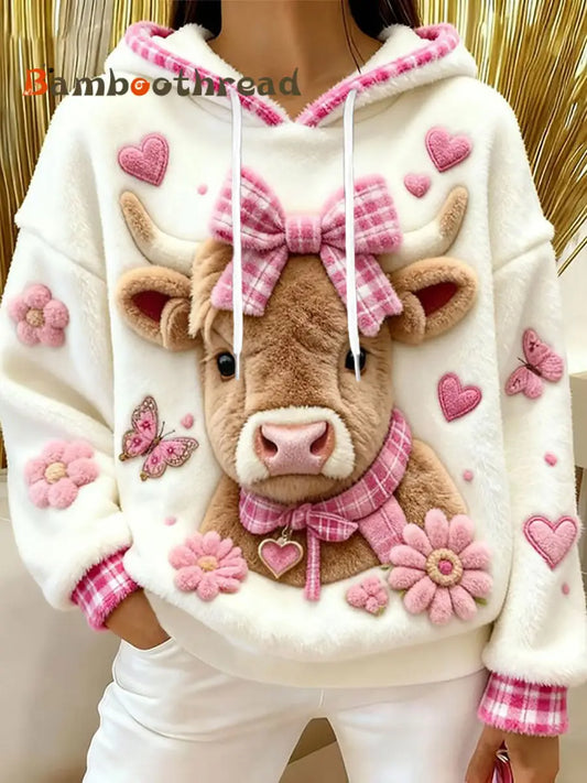 Women’s Animal Highland Cow Art Print Flannel Hoodie White / S