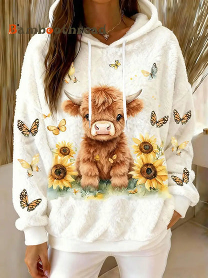 Women’s Animal Highland Cow Art Print Flannel Hoodie White / S
