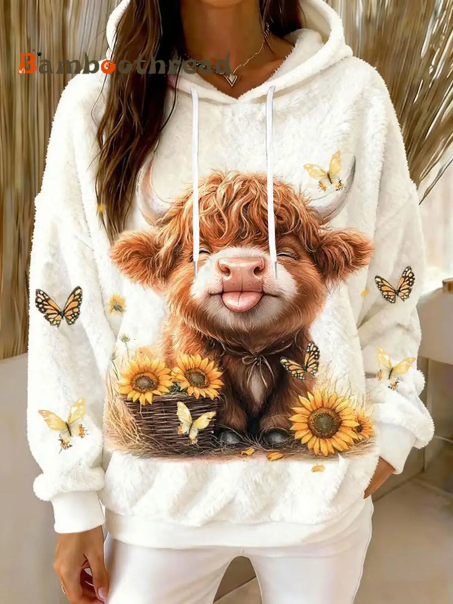 Women’s Animal Highland Cow Art Print Flannel Hoodie White / S