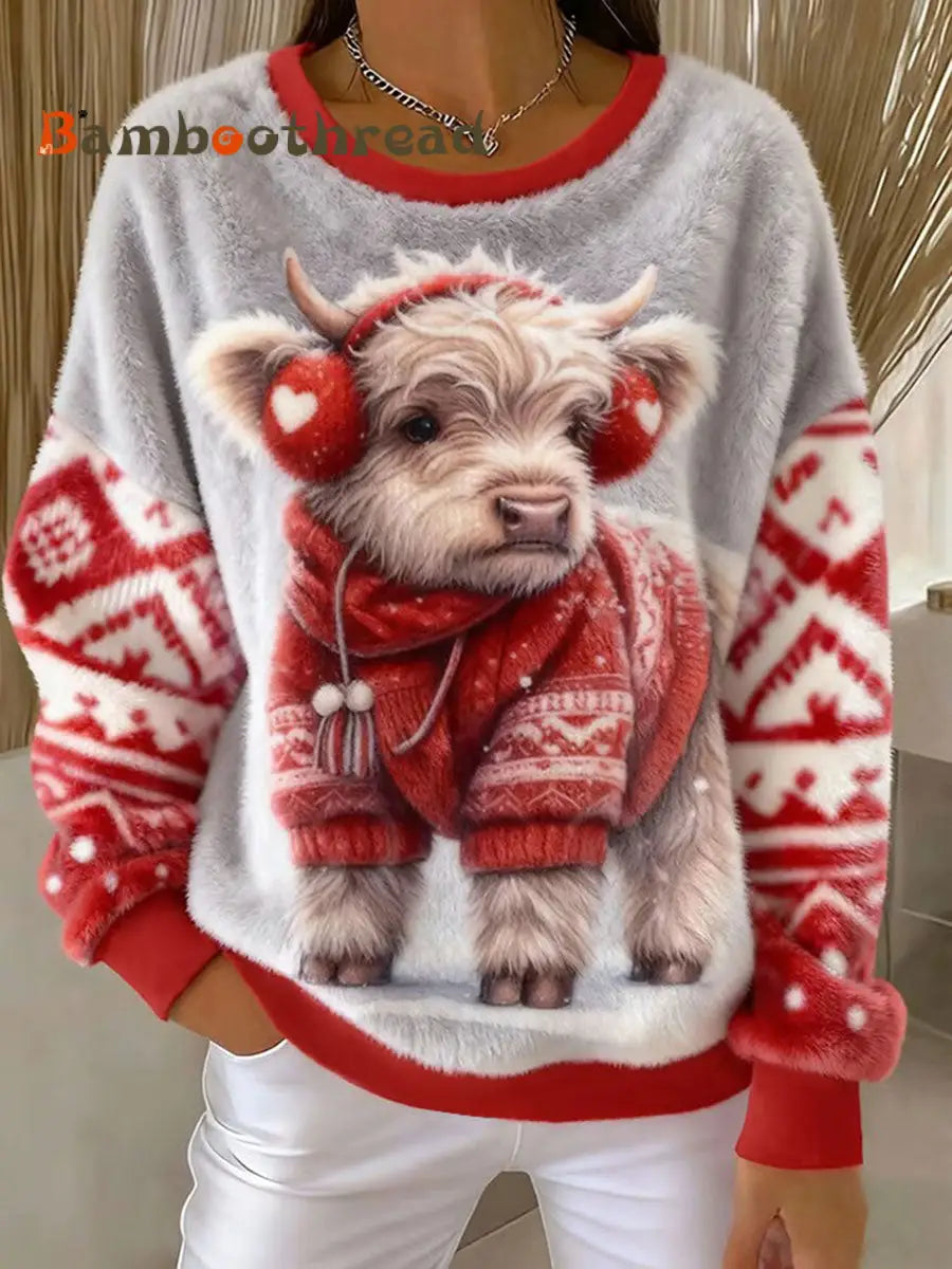Women’s Animal Highland Cow Art Print Flannel Sweatshirt As picture / S