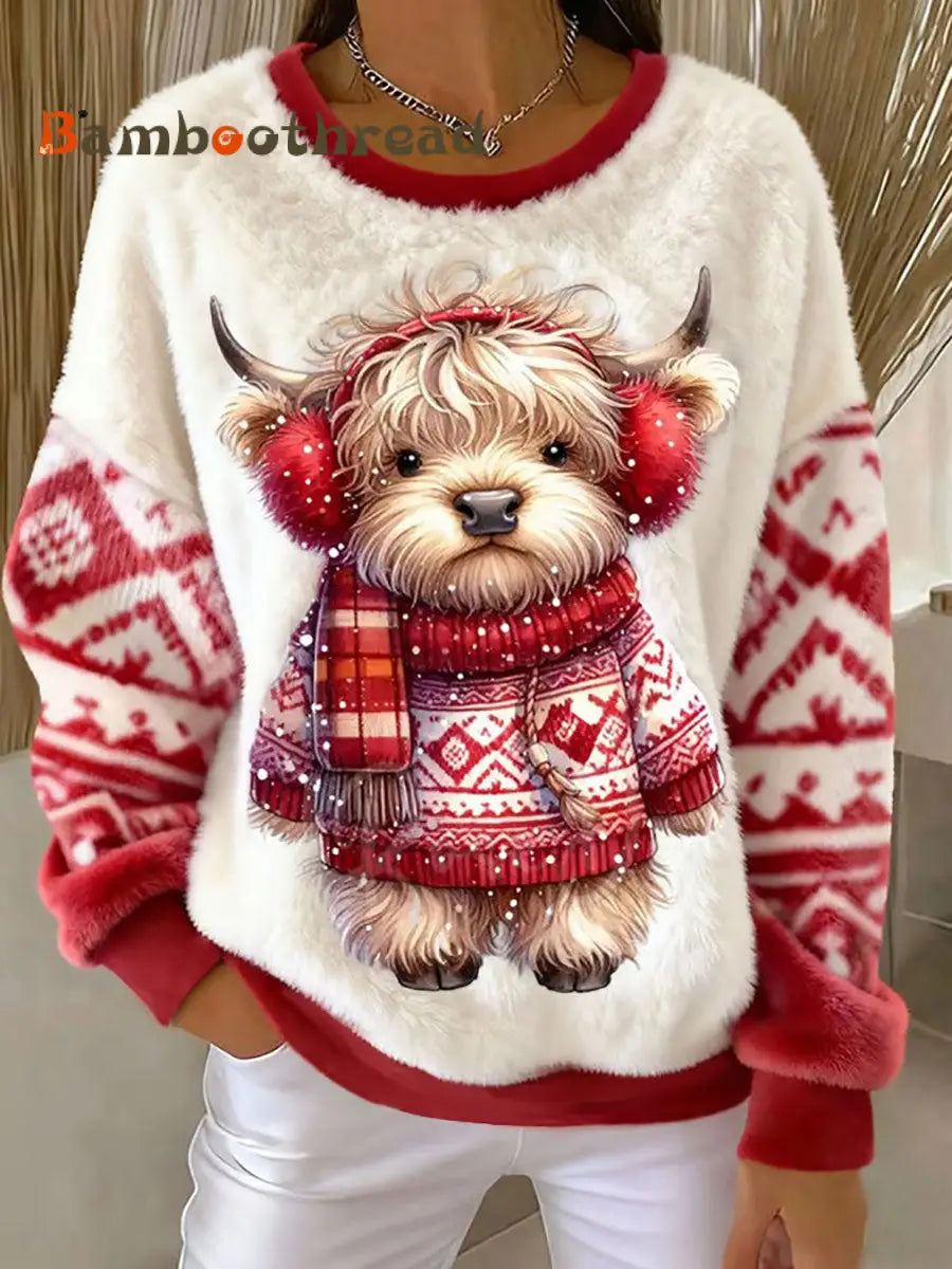 Women’s Animal Highland Cow Art Print Flannel Sweatshirt As picture / S