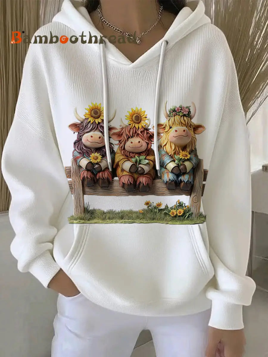 Women’s Animal Highland Cow Print Casual Hoodie White / S