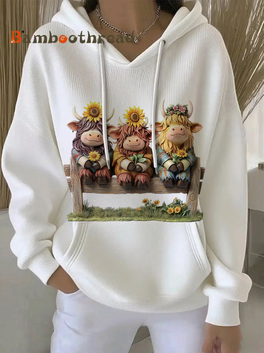 Women’s Animal Highland Cow Print Casual Hoodie White / S