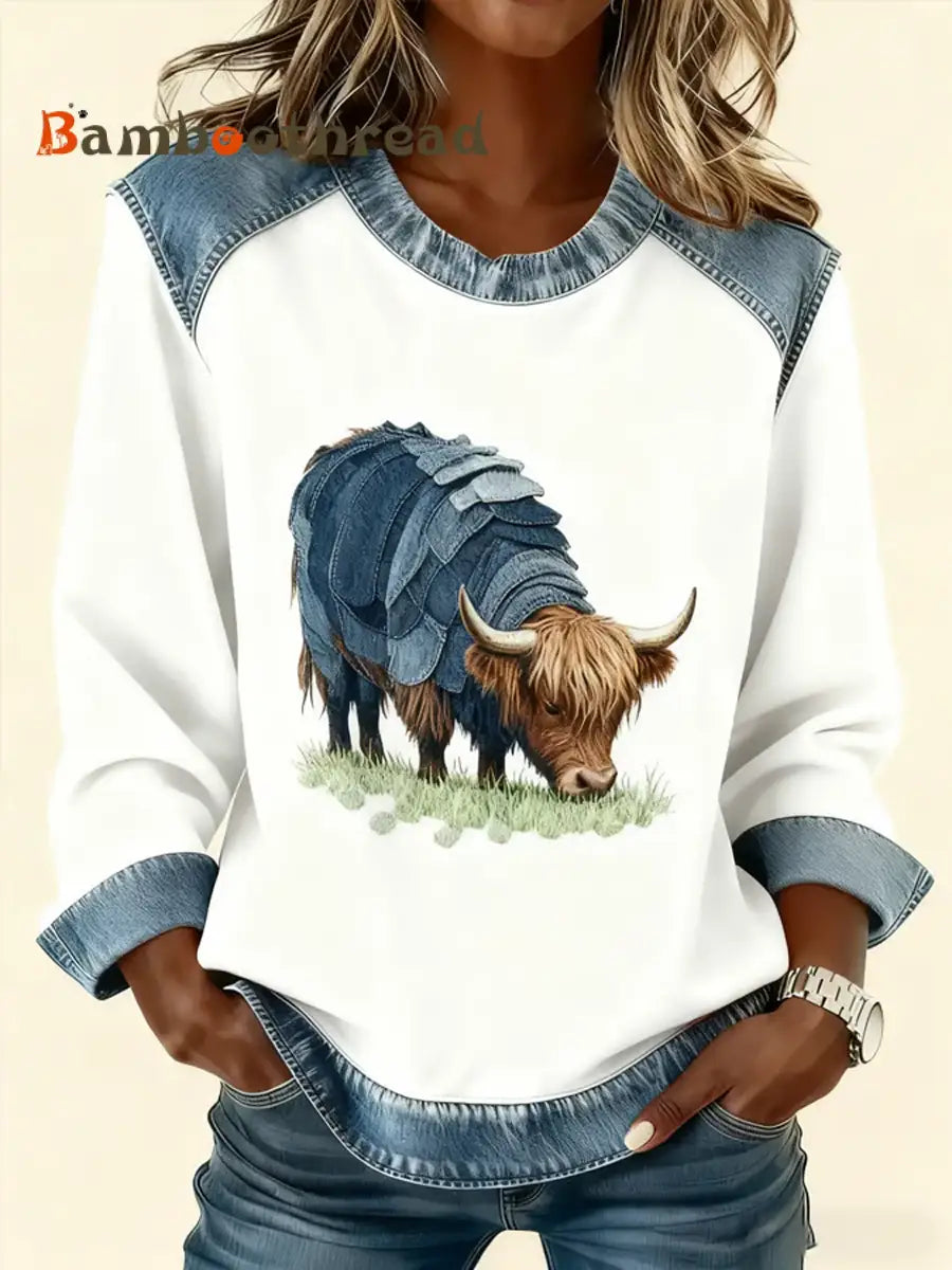 Women’s Animal Highland Cow Print Denim Patchwork Top White / S