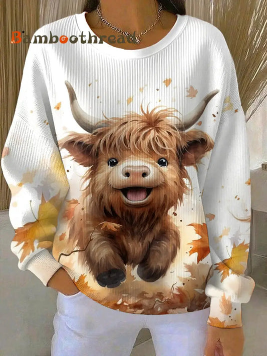 Women’s Animal Highland Cow Printed Casual Sweatshirt White / S
