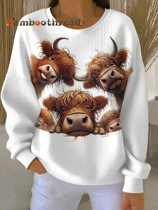 Women’s Animal Highland Cow Printed Casual Sweatshirt White / S