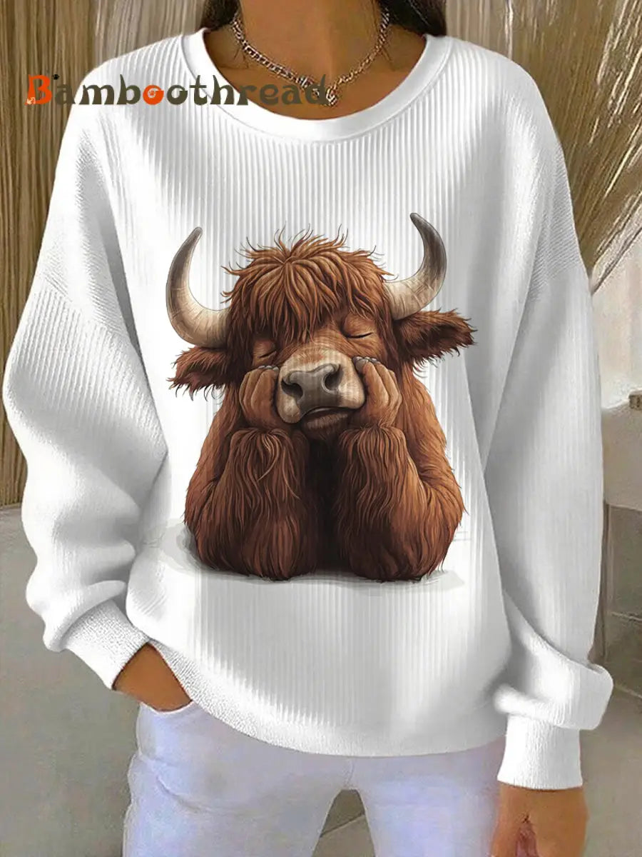 Women’s Animal Highland Cow Printed Casual Sweatshirt White / S