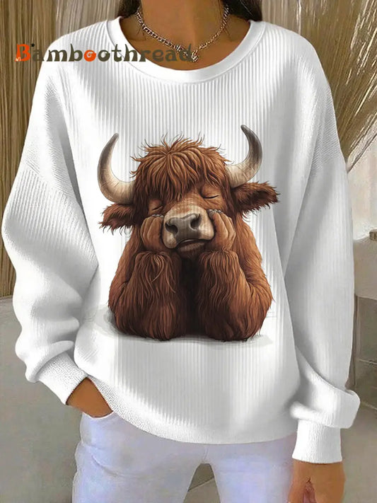 Women’s Animal Highland Cow Printed Casual Sweatshirt White / S