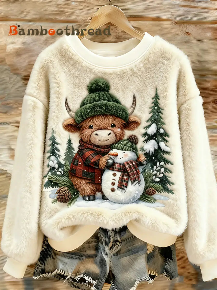 Women’s Animal Highland Cow Yeti Print Flannel Hoodie White / S