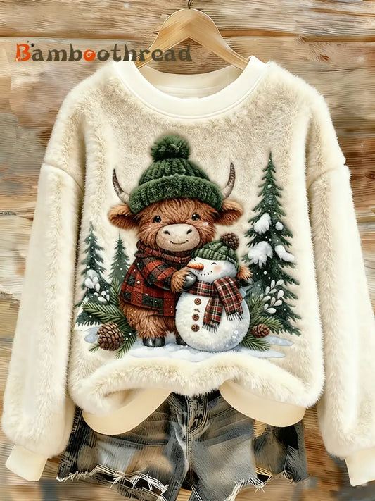 Women’s Animal Highland Cow Yeti Print Flannel Hoodie White / S