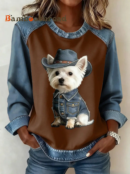 Women’s Animal Lover Dog Print Denim Patchwork Top As picture / S