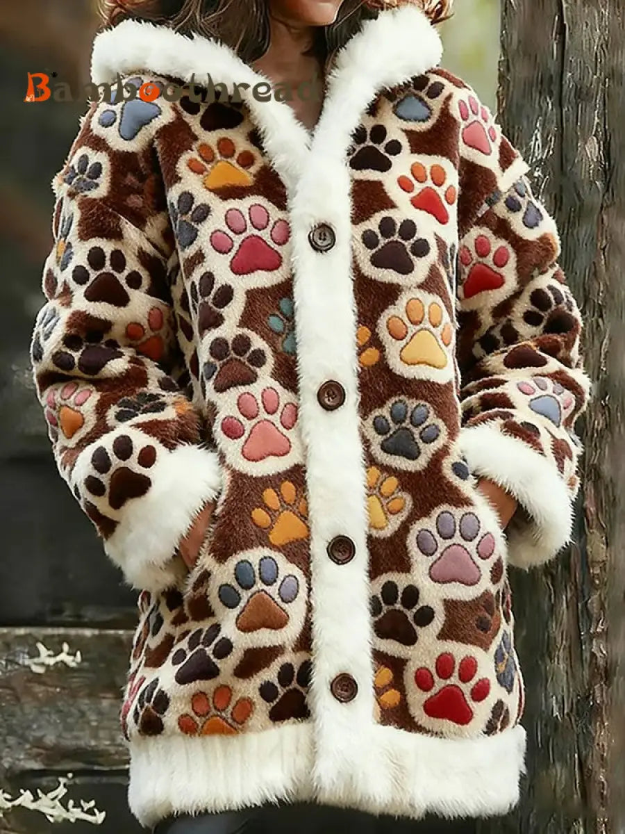 Women’s Animal Paw Print Flannel Warm Jacket As picture / S