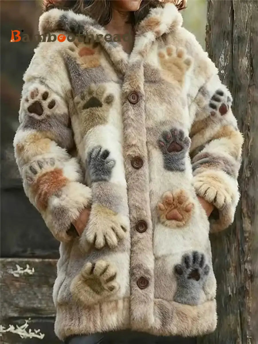 Women’s Animal Paw Print Flannel Warm Jacket As picture / S