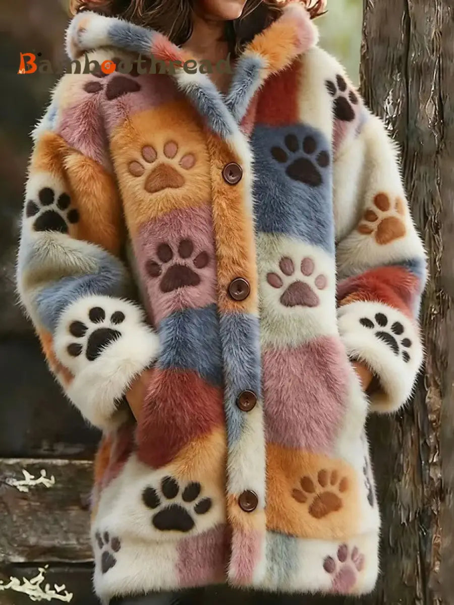 Women’s Animal Paw Print Flannel Warm Jacket As picture / S