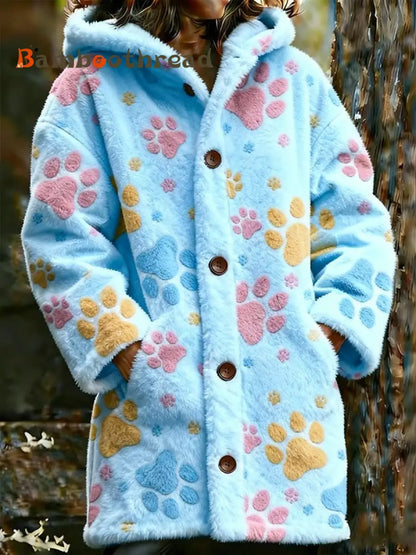 Women’s Animal Paw Print Flannel Warm Jacket Light Blue / S