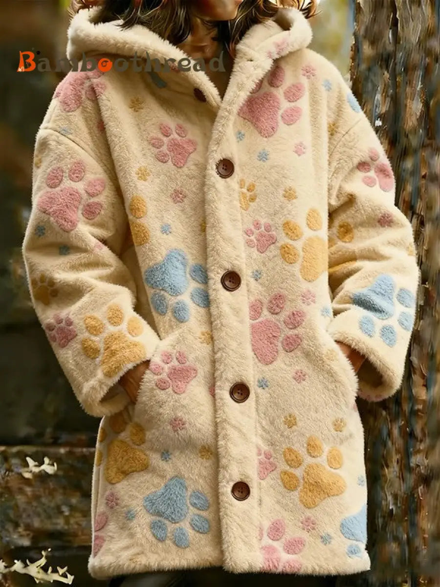 Women’s Animal Paw Print Flannel Warm Jacket Light Brown / S
