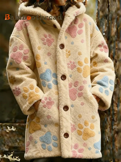 Women’s Animal Paw Print Flannel Warm Jacket Light Brown / S