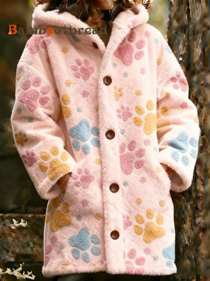 Women’s Animal Paw Print Flannel Warm Jacket Pink / S