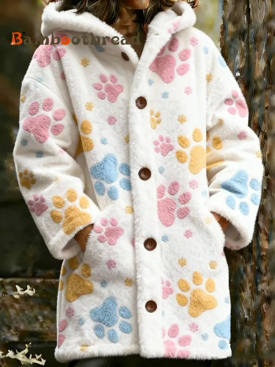 Women’s Animal Paw Print Flannel Warm Jacket White / S