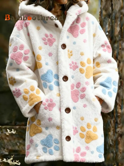 Women’s Animal Paw Print Flannel Warm Jacket White / S