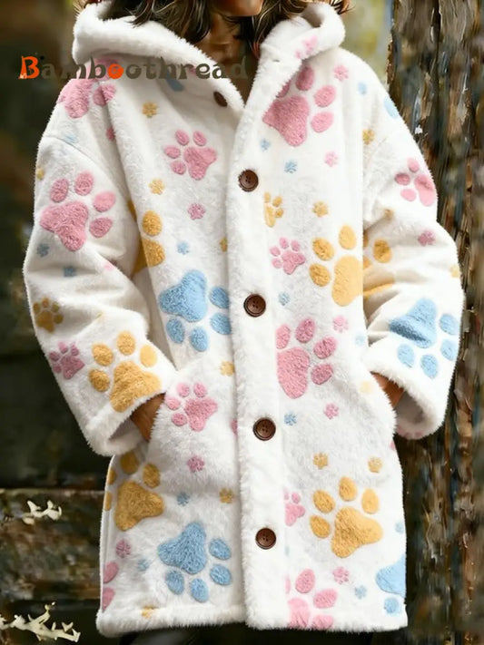 Women’s Animal Paw Print Flannel Warm Jacket White / S