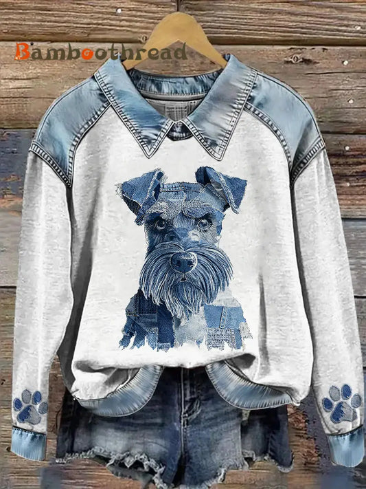 Women’s Animal Print Patchwork Lapel Long Sleeved Sweatshirt Light Blue / S
