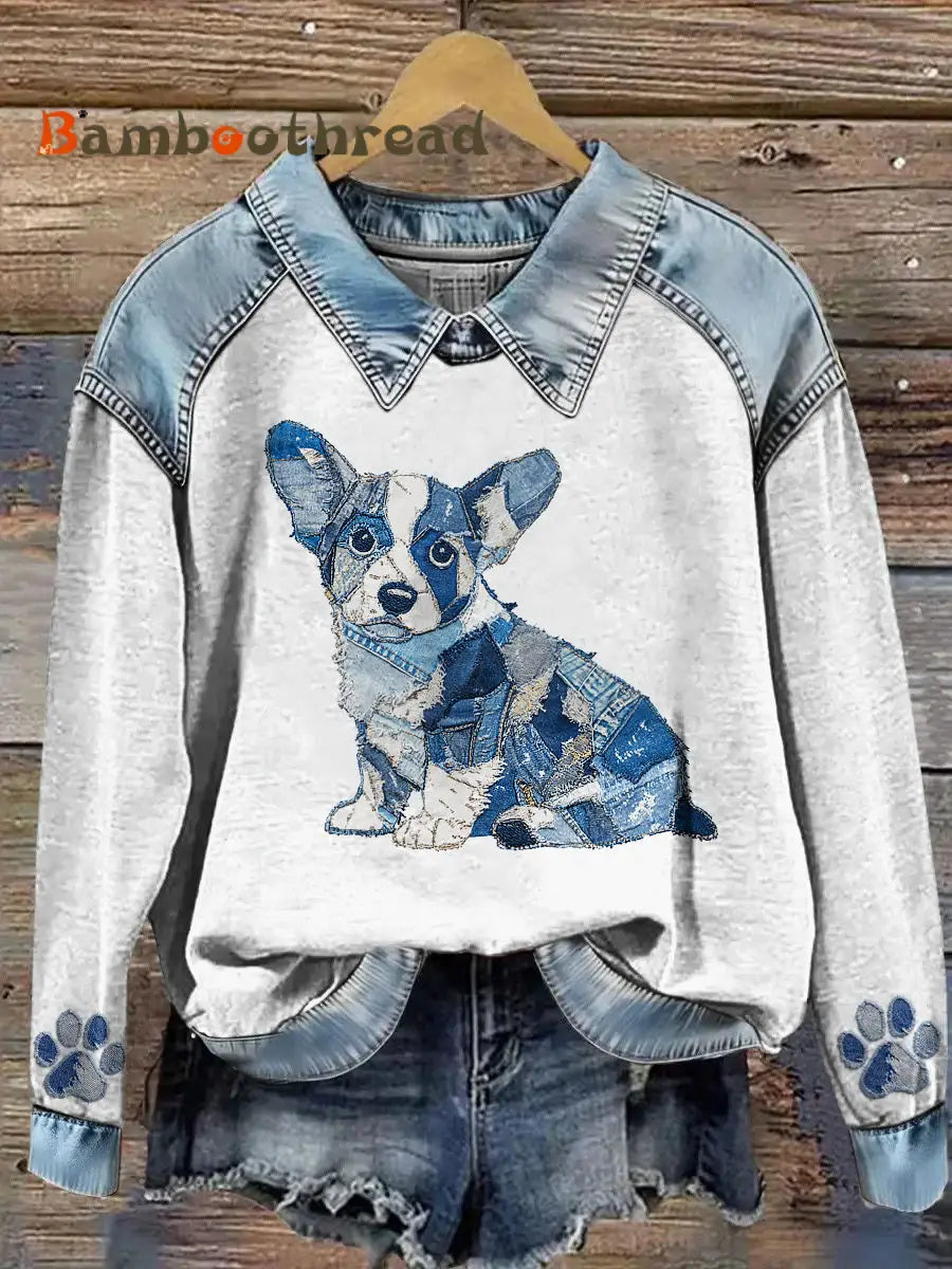 Women’s Animal Print Patchwork Lapel Long Sleeved Sweatshirt Light Blue / S