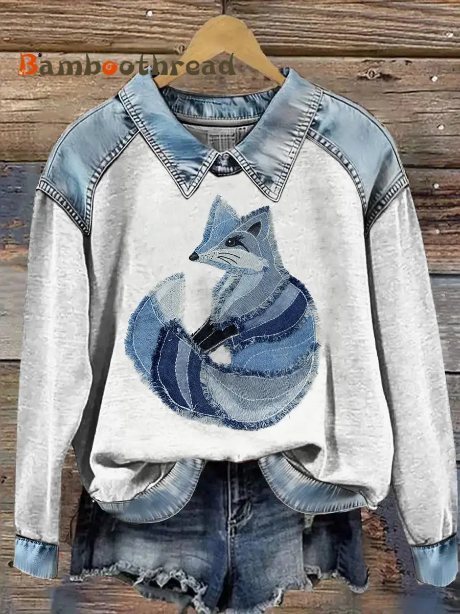 Women’s Animal Print Patchwork Lapel Long Sleeved Sweatshirt Light Blue / S