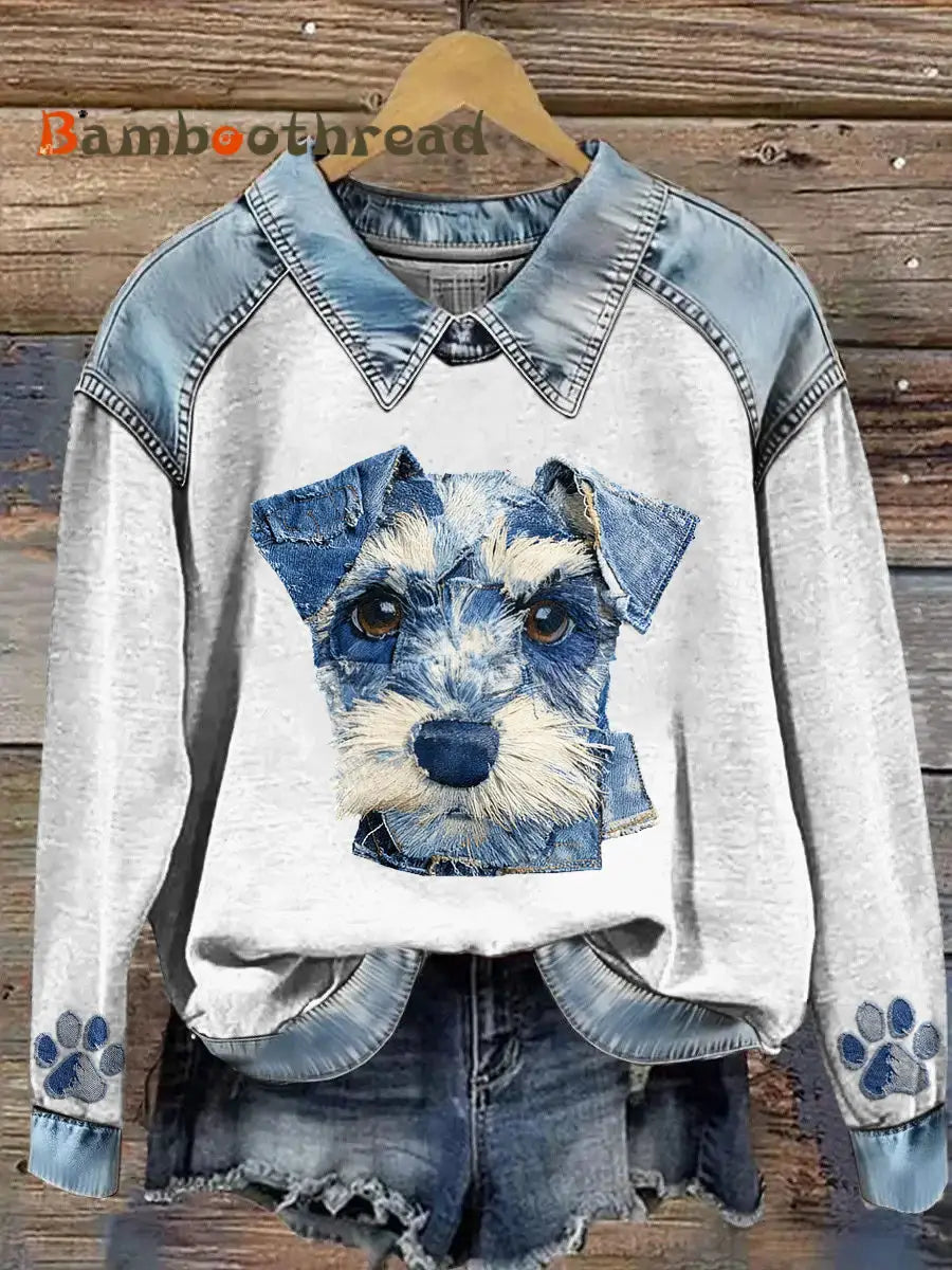 Women’s Animal Print Patchwork Lapel Long Sleeved Sweatshirt Light Blue / S