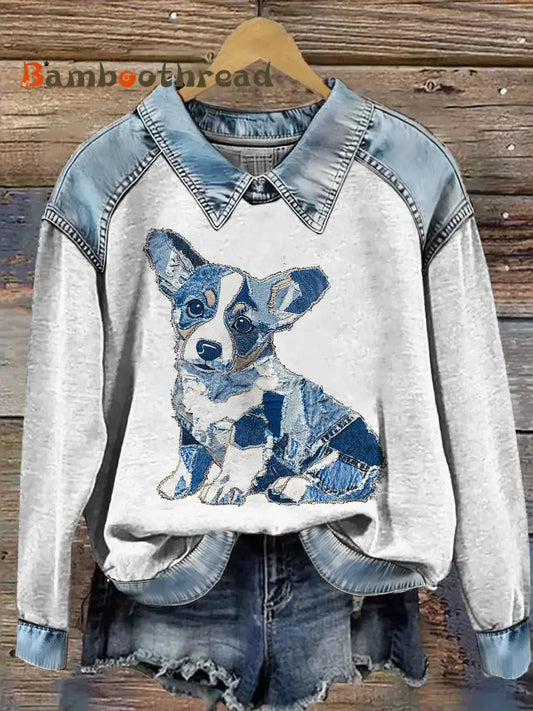 Women’s Animal Print Patchwork Lapel Long Sleeved Sweatshirt Light Blue / S