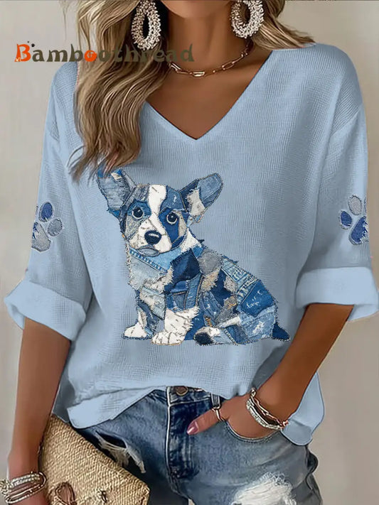 Women’s Animal Print V-neck Mid-Sleeve printed Casual T-shirt Blue / S