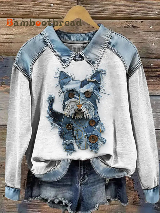 Women’s Animal Printed Denim Patchwork Lapel Long Sleeved Sweatshirt Gray / S