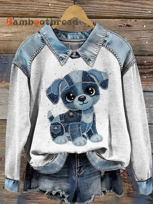 Women’s Animal Printed Denim Patchwork Lapel Long Sleeved Sweatshirt Gray / S