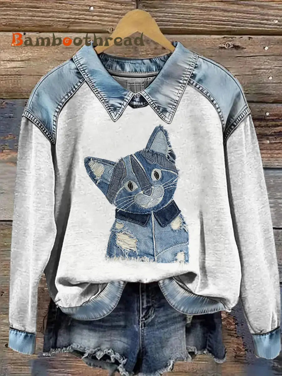 Women’s Animal Printed Denim Patchwork Lapel Long Sleeved Sweatshirt Gray / S