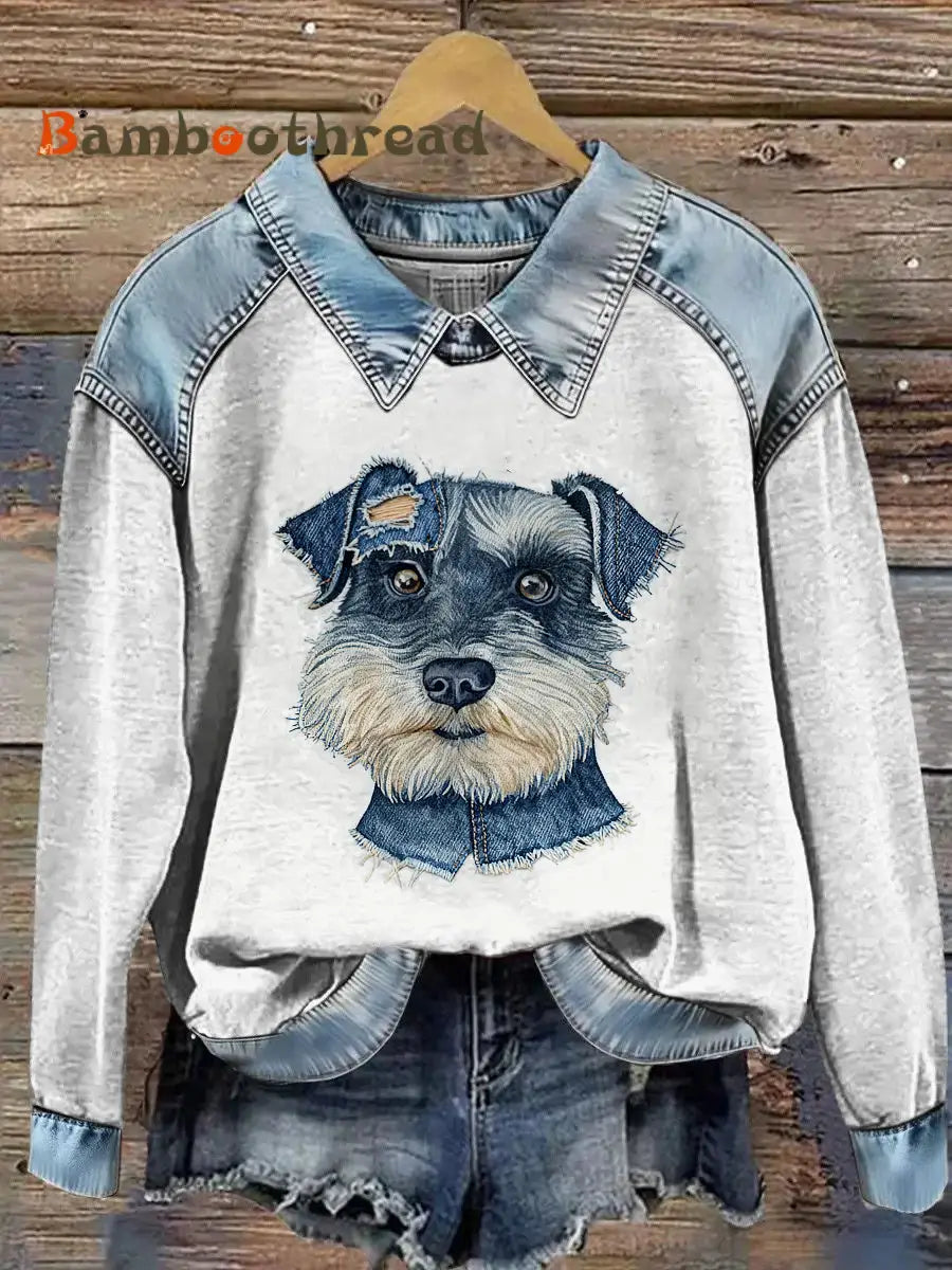 Women’s Animal Printed Denim Patchwork Lapel Long Sleeved Sweatshirt Light Gray / S