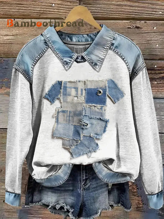 Women’s Animal Printed Denim Patchwork Lapel Long Sleeved Sweatshirt Light Gray / S