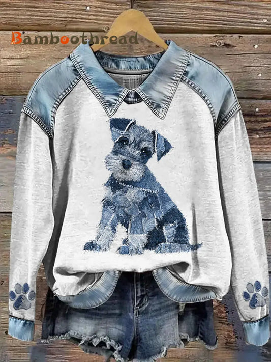 Women’s Animal Printed Denim Patchwork Lapel Long Sleeved Sweatshirt Light Gray / S
