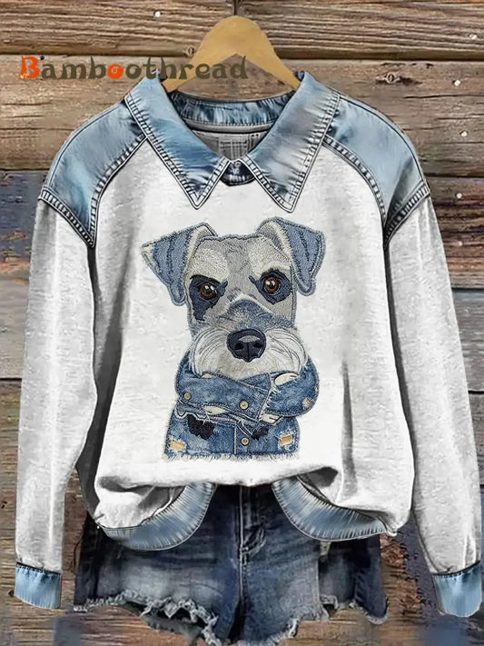 Women’s Animal Printed Denim Patchwork Lapel Long Sleeved Sweatshirt Light Gray / S