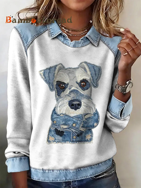 Women’s Animal Printed Denim Patchwork Lapel Long Sleeved Sweatshirt White / S
