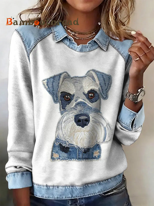 Women’s Animal Printed Denim Patchwork Lapel Long Sleeved Sweatshirt White / S