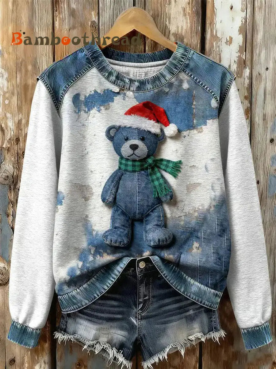 Women’s Art Bear Denim Patchwork Sweatshirt As picture / S