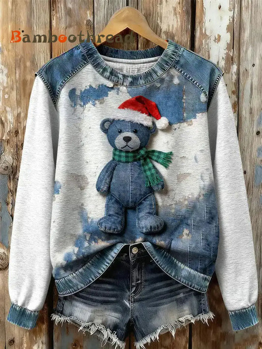 Women’s Art Bear Denim Patchwork Sweatshirt As picture / S
