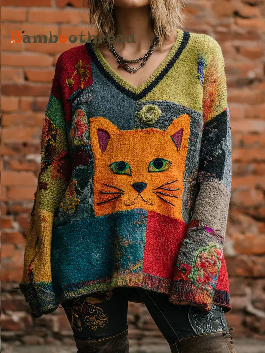 Women’s Art Cat Retro V-Neck Tops As picture / S