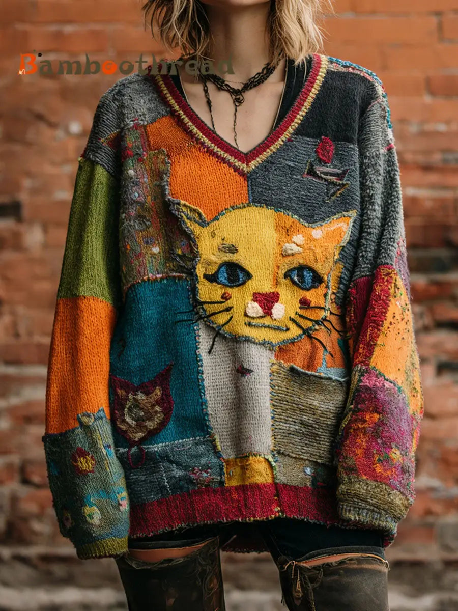 Women’s Art Cat Retro V-Neck Tops As picture / S