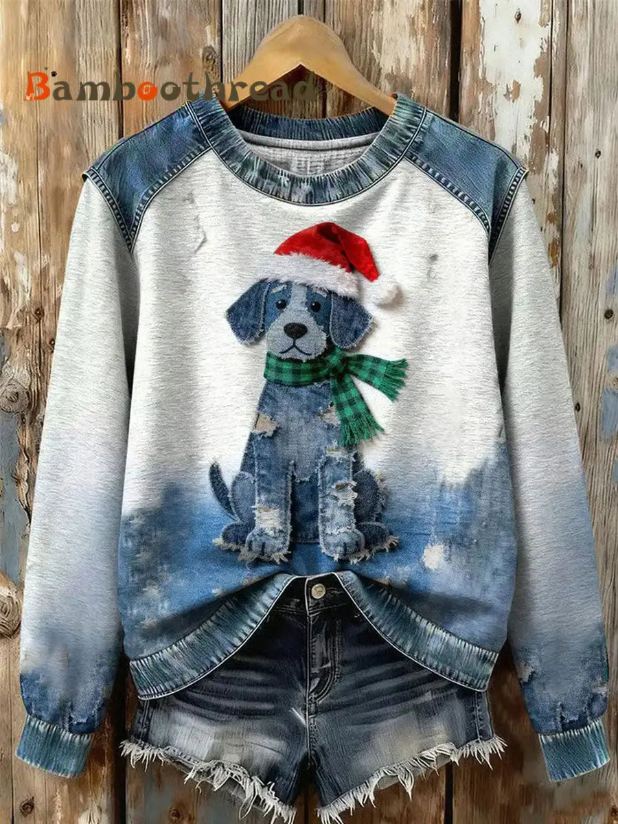 Women’s Art Dog Denim Patchwork Sweatshirt As picture / S